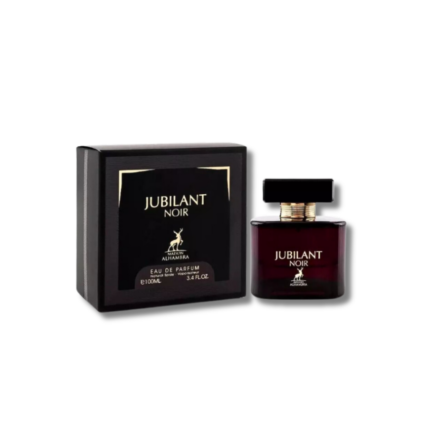 Jubilant Noir perfume bottle and packaging on a white background