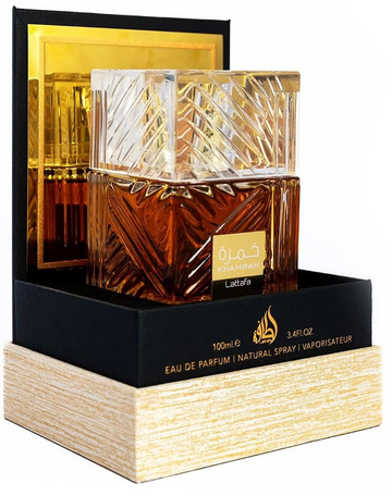 Lattafa Khamrah Eau de Parfum 100ml – Unisex luxury fragrance bottle front view with the carton