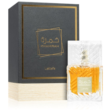 Lattafa Khamrah Eau de Parfum 100ml – Unisex luxury fragrance bottle with the carton front