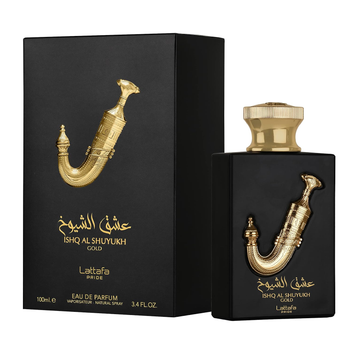 Lattafa Pride Ishq Al Shuyukh Gold Carton and Bottle