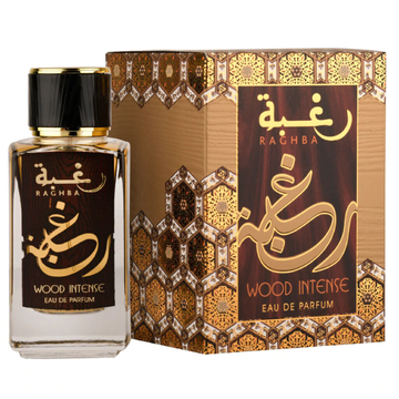 Lattafa Raghba Wood Intense Bottle and Carton