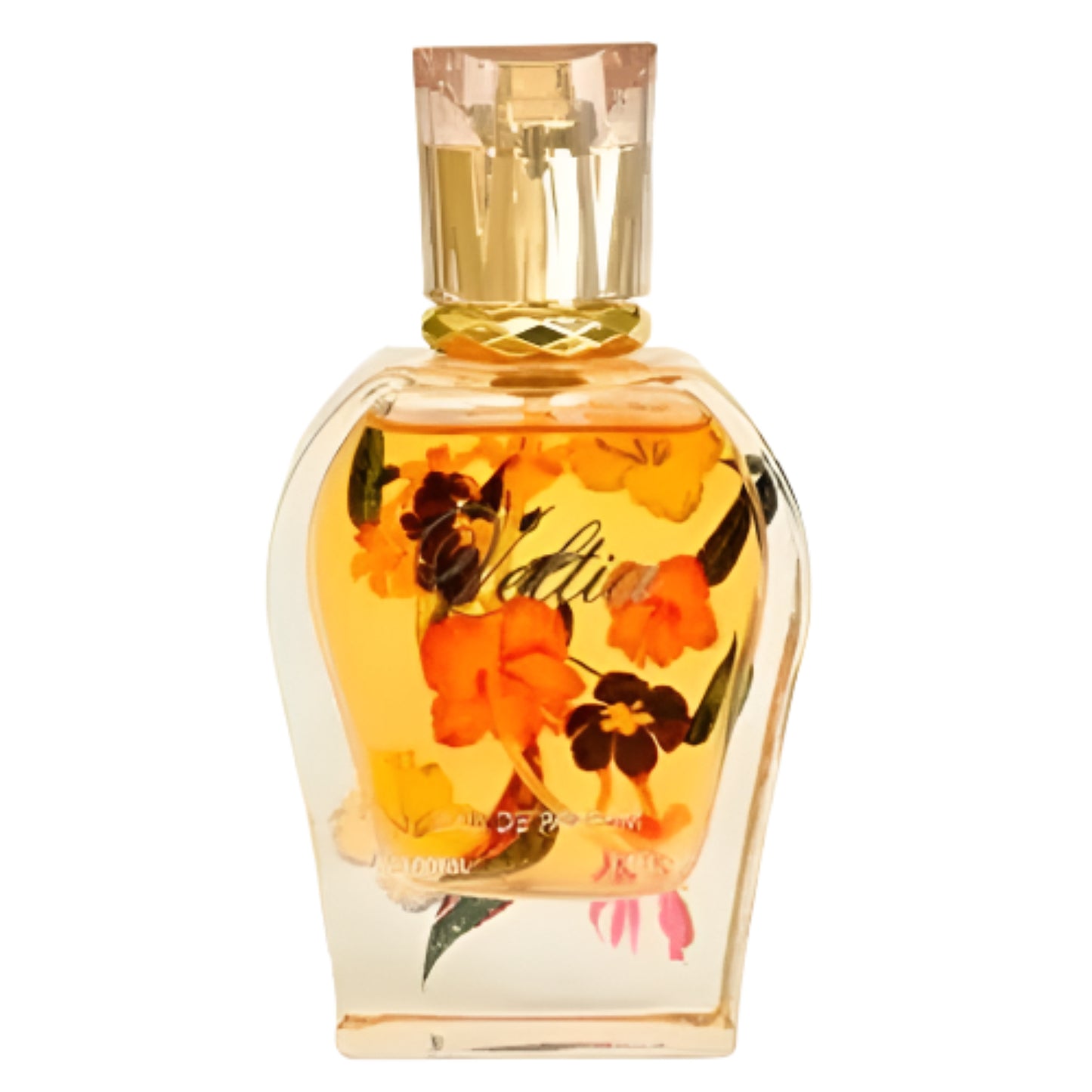 Perfume bottle with floral design on a white background