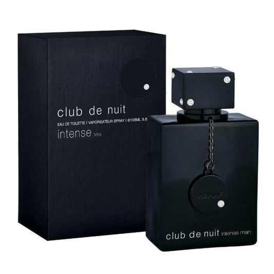 Black 'club de nuit intense' perfume bottle and packaging on a white background