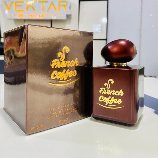 French Coffee perfume bottle and packaging with Vektor logo in the background