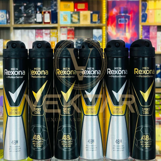 Row of Rexona men's deodorant bottles on a store shelf.