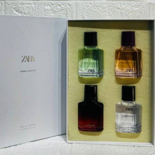 Set of Zara perfume bottles in a box with a white background