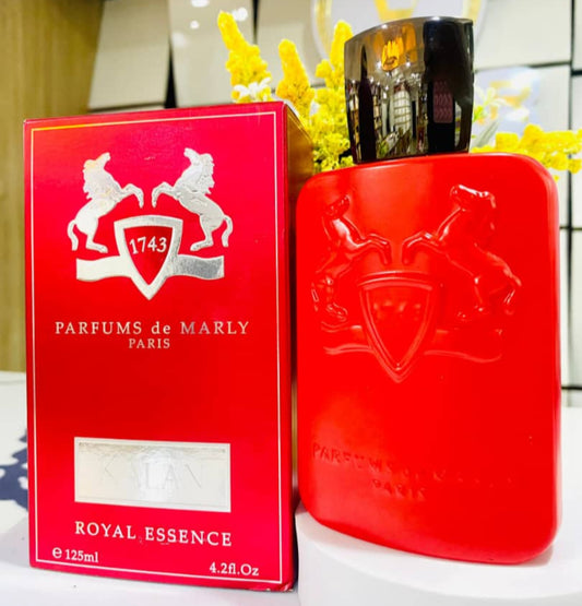 Red Parfums de Marly perfume bottle and packaging on a white surface.