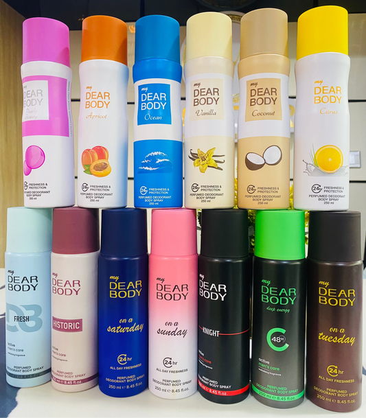 Assorted 'Dear Body' deodorant bottles on a shelf.