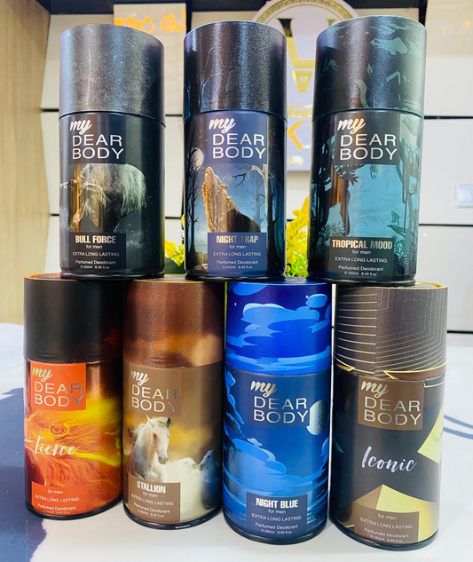 Collection of 'my Dear Body' deodorant cans in various scents on a white surface.