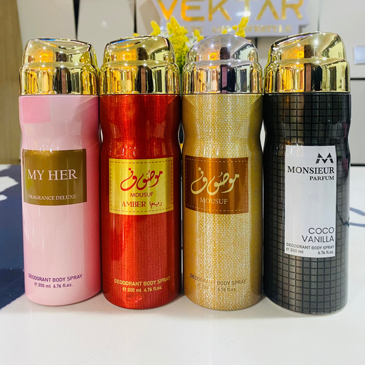 Four deodorant bottles with visible branding in front of a Vektar sign.