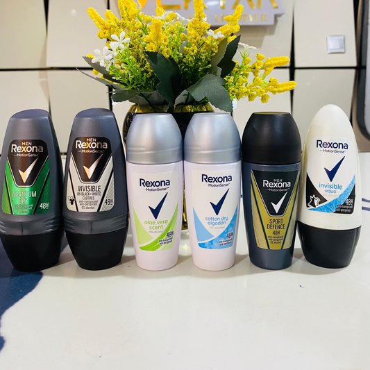Collection of Rexona deodorants with a decorative vase of flowers in the background.