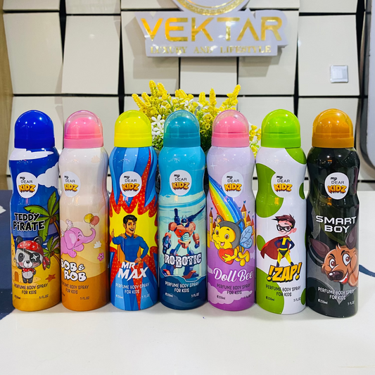 Assorted children's deodorants with colorful designs on a shelf in front of a Vektar logo.