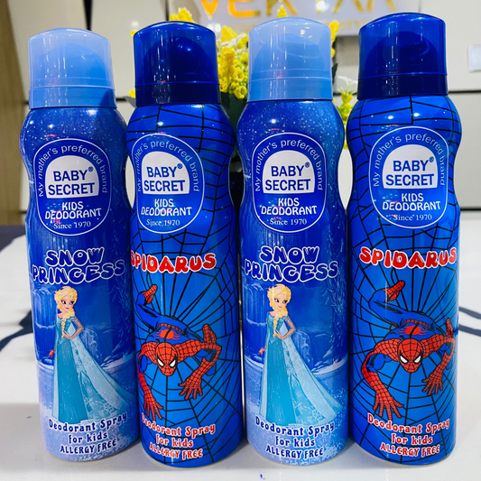 Four bottles of Baby Secret Kids Deodorant with Spider-Man and Frozen designs on a white surface.