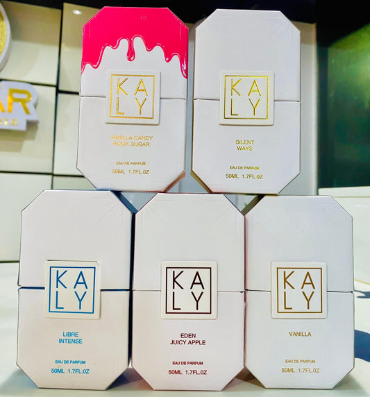 KALY perfume boxes displayed on a shelf with a colorful background