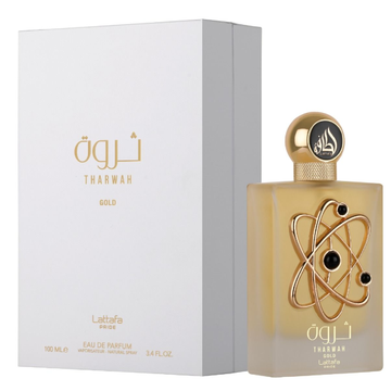 Lattafa Pride Tharwah Gold Carton and Bottle