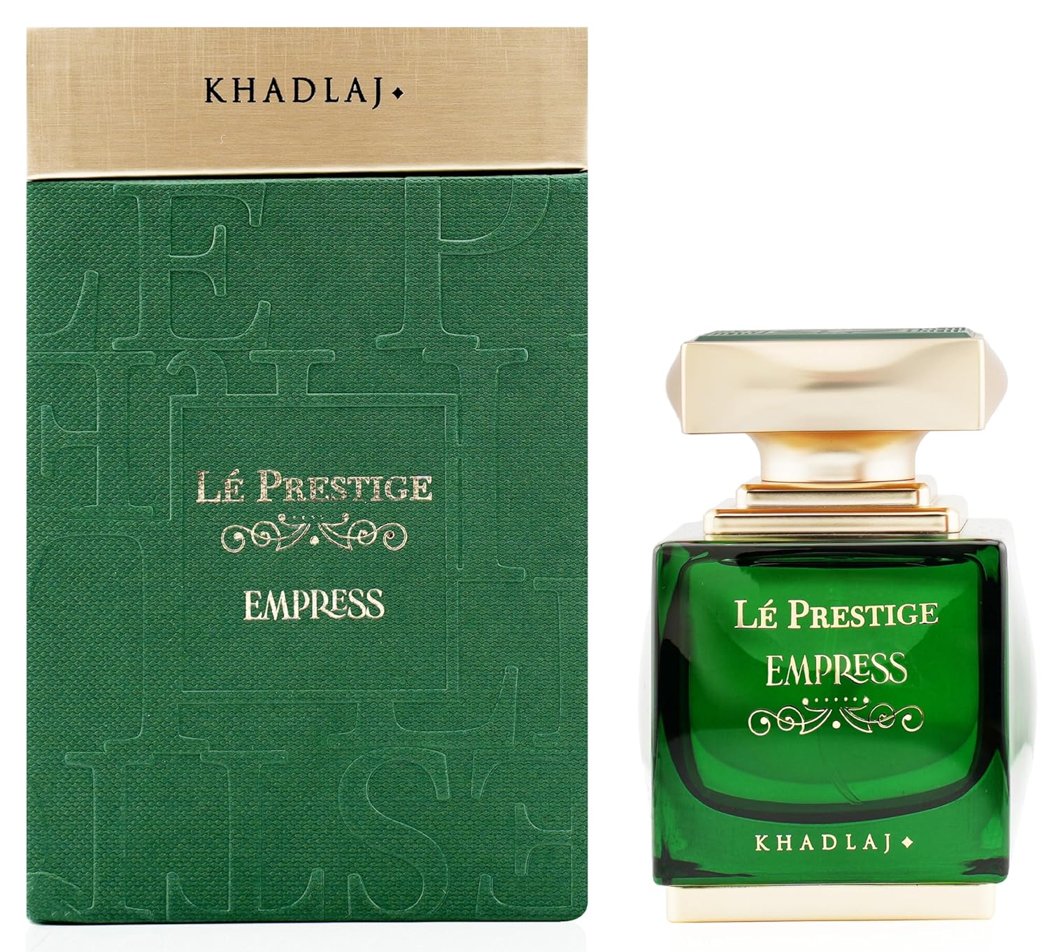 Green perfume bottle and packaging with 'Khadlaj' branding on a white background