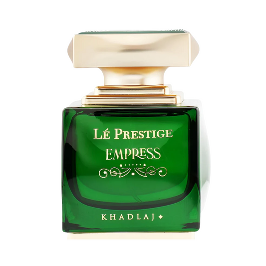Green perfume bottle with gold cap labeled 'Le Prestige Empress' by Khadlaj on a white background