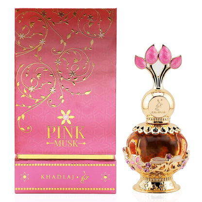 Perfume bottle and packaging with 'Pink Musk' branding on a white background