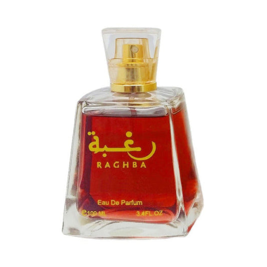 Perfume bottle with red label and gold cap on a white background