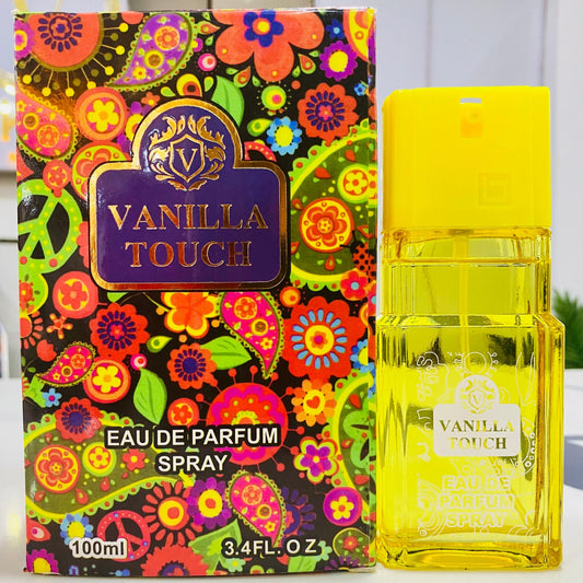 Vanilla Touch eau de parfum spray bottle and colorful packaging on a white background