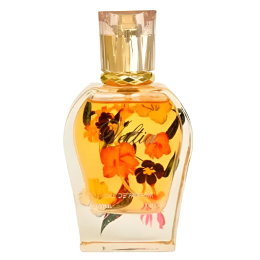 Perfume bottle with floral design on a white background